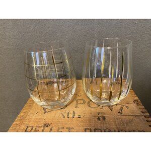 Vintage Mid-Century Modern Gold & Clear Stemless Wine Glasses Set Of 2 4.5"